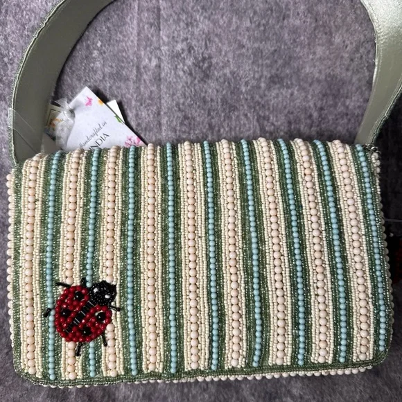 Handcrafted In India Beaded Striped Lady Bug Bag w Charm Viral NWT - Picture 3 of 5